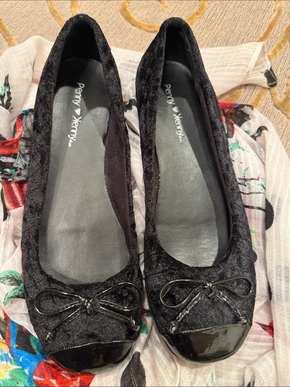 Penny Loves Kenny Black Velvet Ballet Flats with Patent Toe & Bow